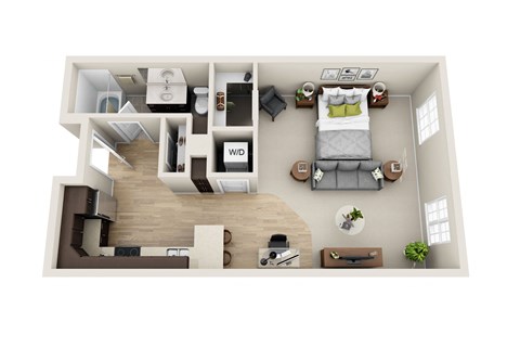 Floor plan for studio, 1 bath, 664 sqft